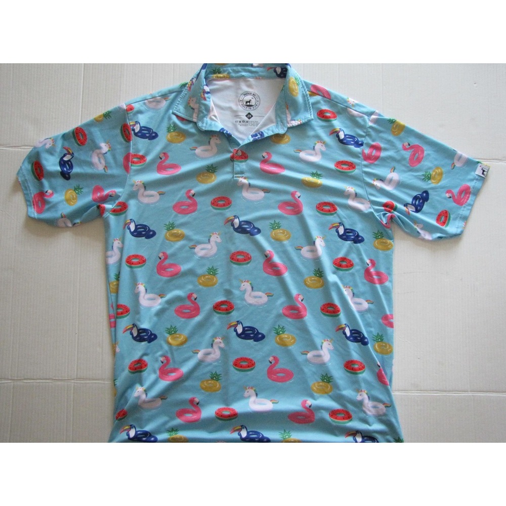 Proud 90 Shirt Mens 2XL Blue Golf Polo Flamingo Unicorn Toucan Floaties Fun
